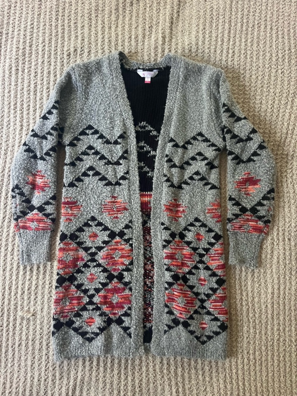 No Boundaries Youth Gray Open-Front Cardigan with Black and Red Aztec Pattern